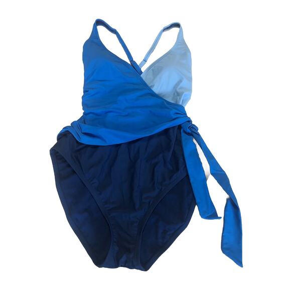 Bleu Rod Beattie Women Blue Colorblock Wrap Side Tie One Piece Swimsuit Size 10 - Picture 1 of 4